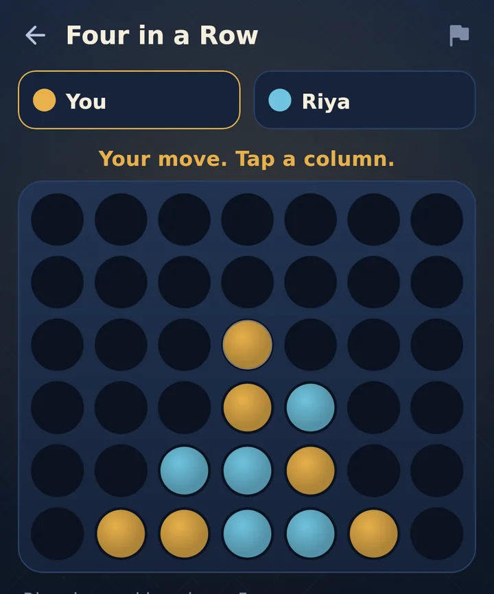 Four in a Row: gold and blue discs on a seven-column grid, your move