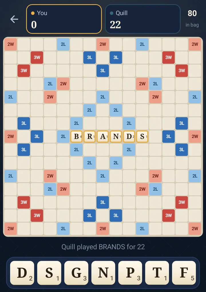 Letterloom on a phone: the 15 by 15 board after the opening word BRANDS, with the player's rack of tiles below