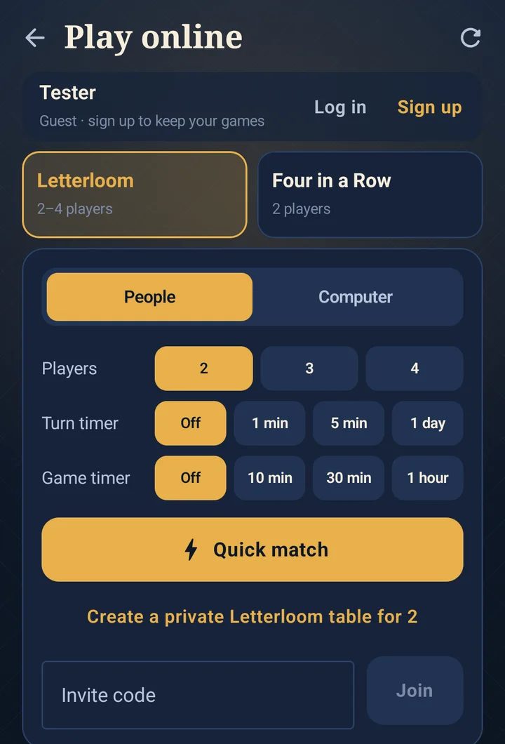 Play online screen: choose Letterloom or Four in a Row, people or computer, players and timers